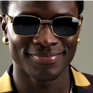 Gold Tone Rectangle Sunglasses Wood Arms Vintage Retro Mens Fashion Eyewear Buff